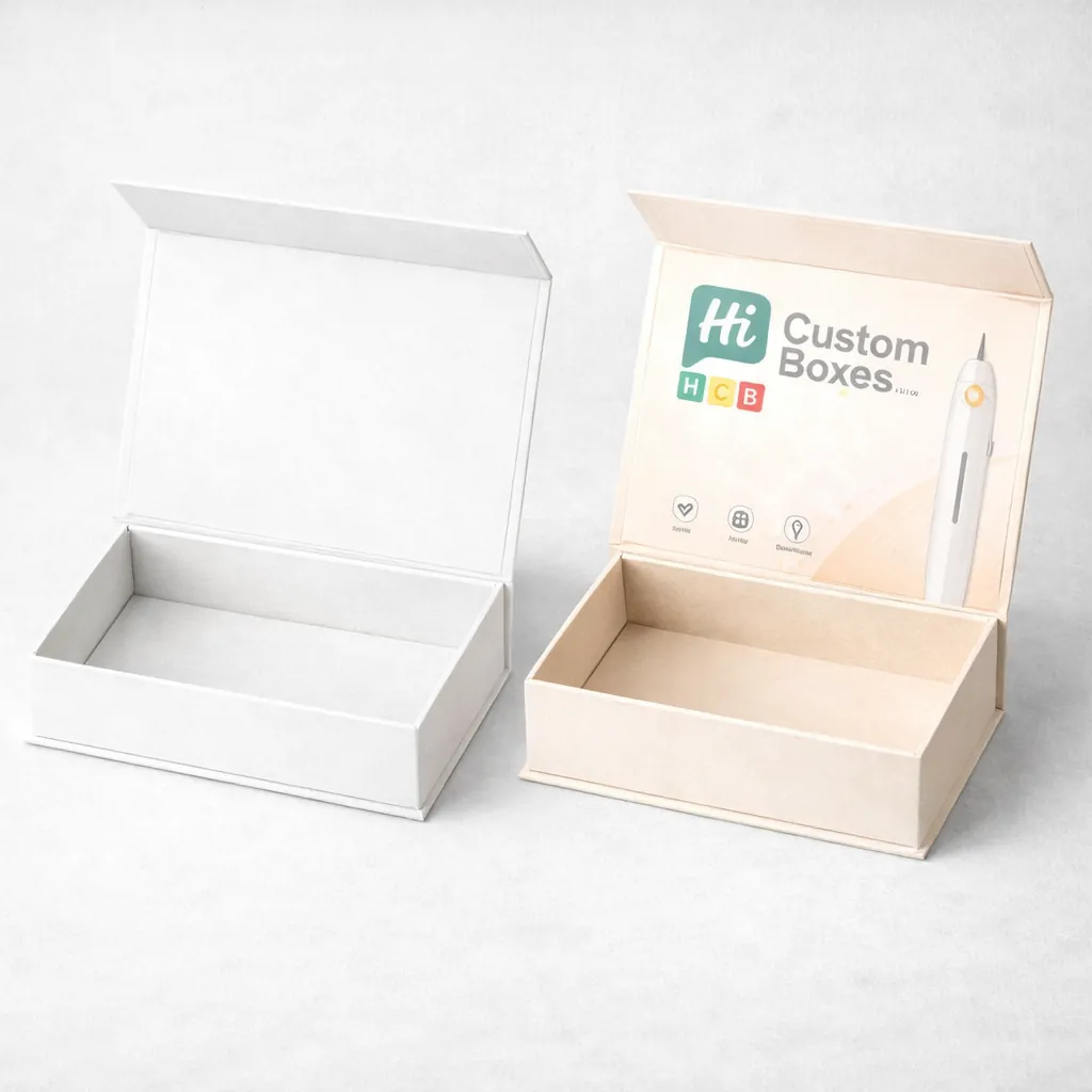 Two premium flip-top magnetic boxes, one plain white and one with mole removal pen branding.